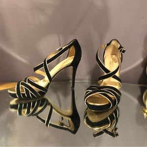 KATE SPADE ♠️ Ginger Black Gold Strappy Sandals Heels Platform Made in Italy 7.5